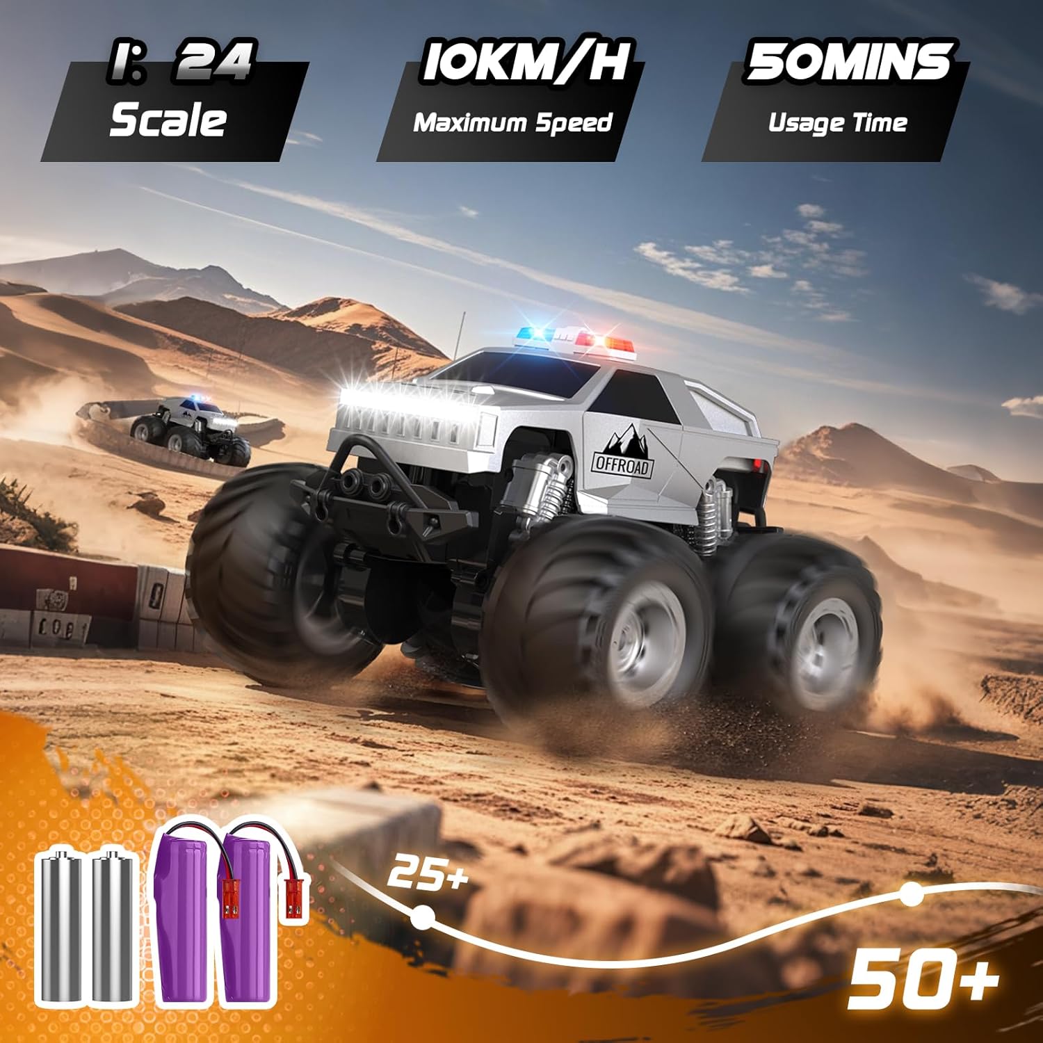 Amilacily 1/24 Scale Off-Road RC Truck with Flashing Light 2 Batteries