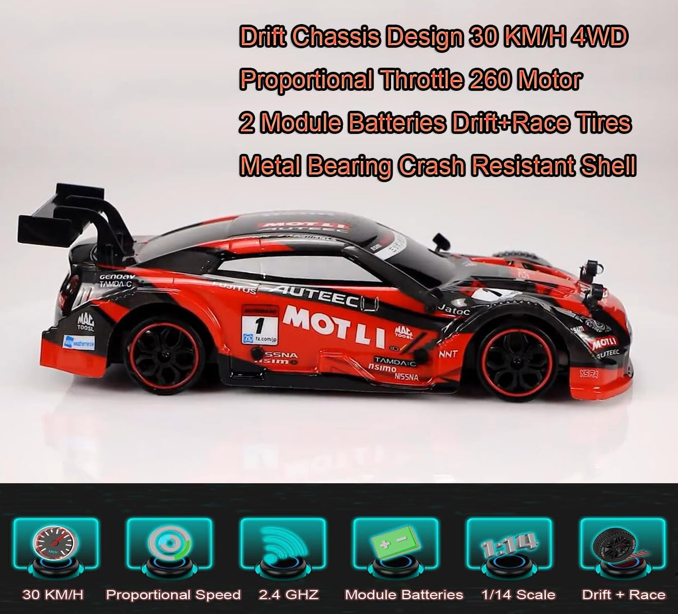 Apawband 1/14 Scale RC Drift Car 2.4GHz 4WD RTR 30KM/H