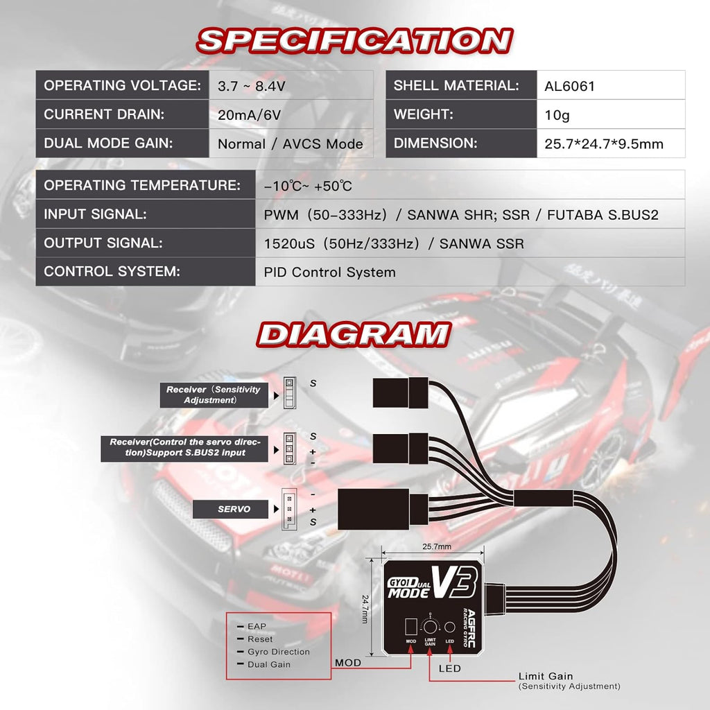 Agfrc Dual-Gain Drift RC Gyro Aluminum Case for RC Car Truck Boat