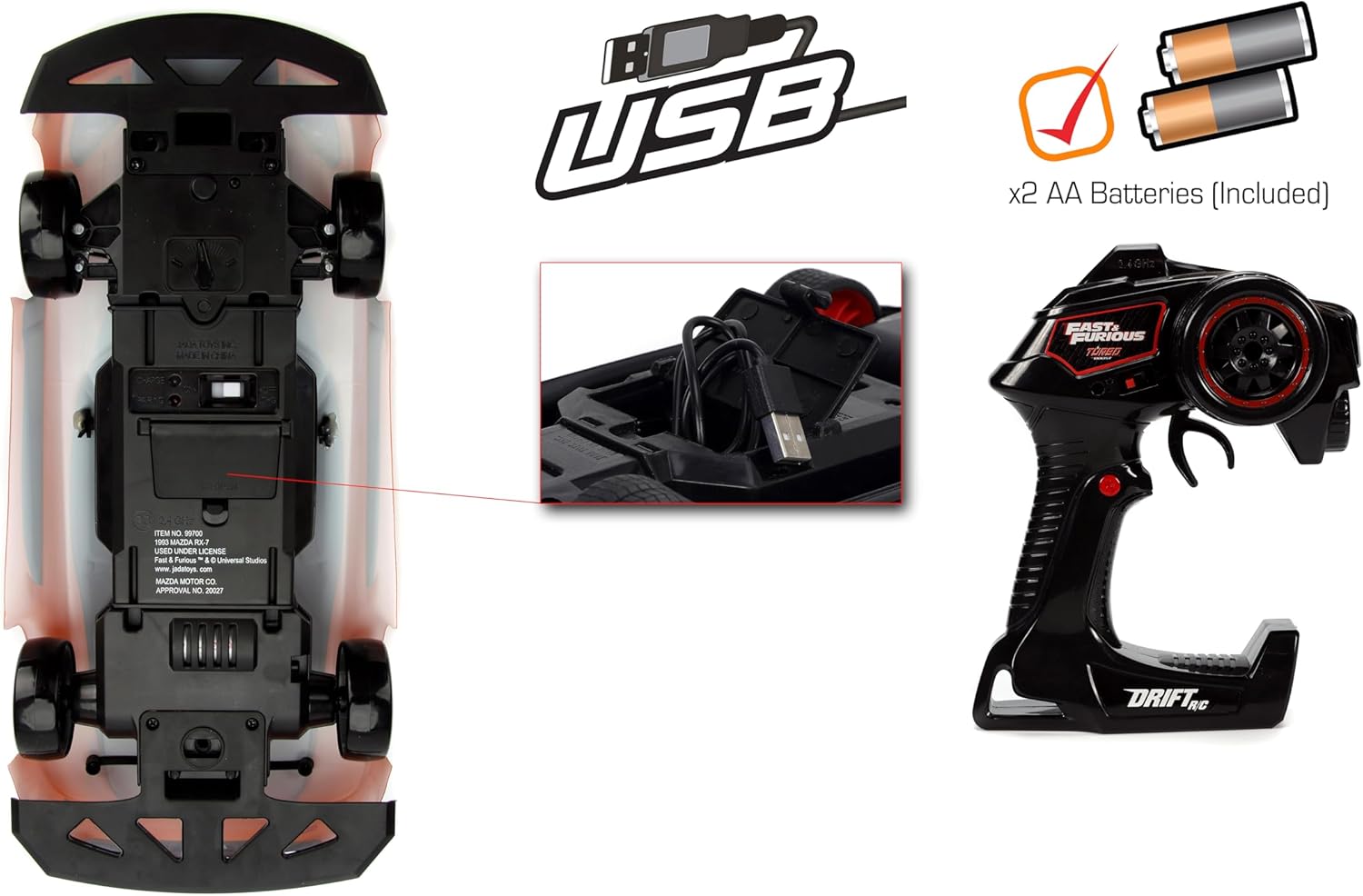 Jada 1/10 Scale Fast & Furious Han's Mazda RX-7 Drift RC Car 2.4GHz RTR