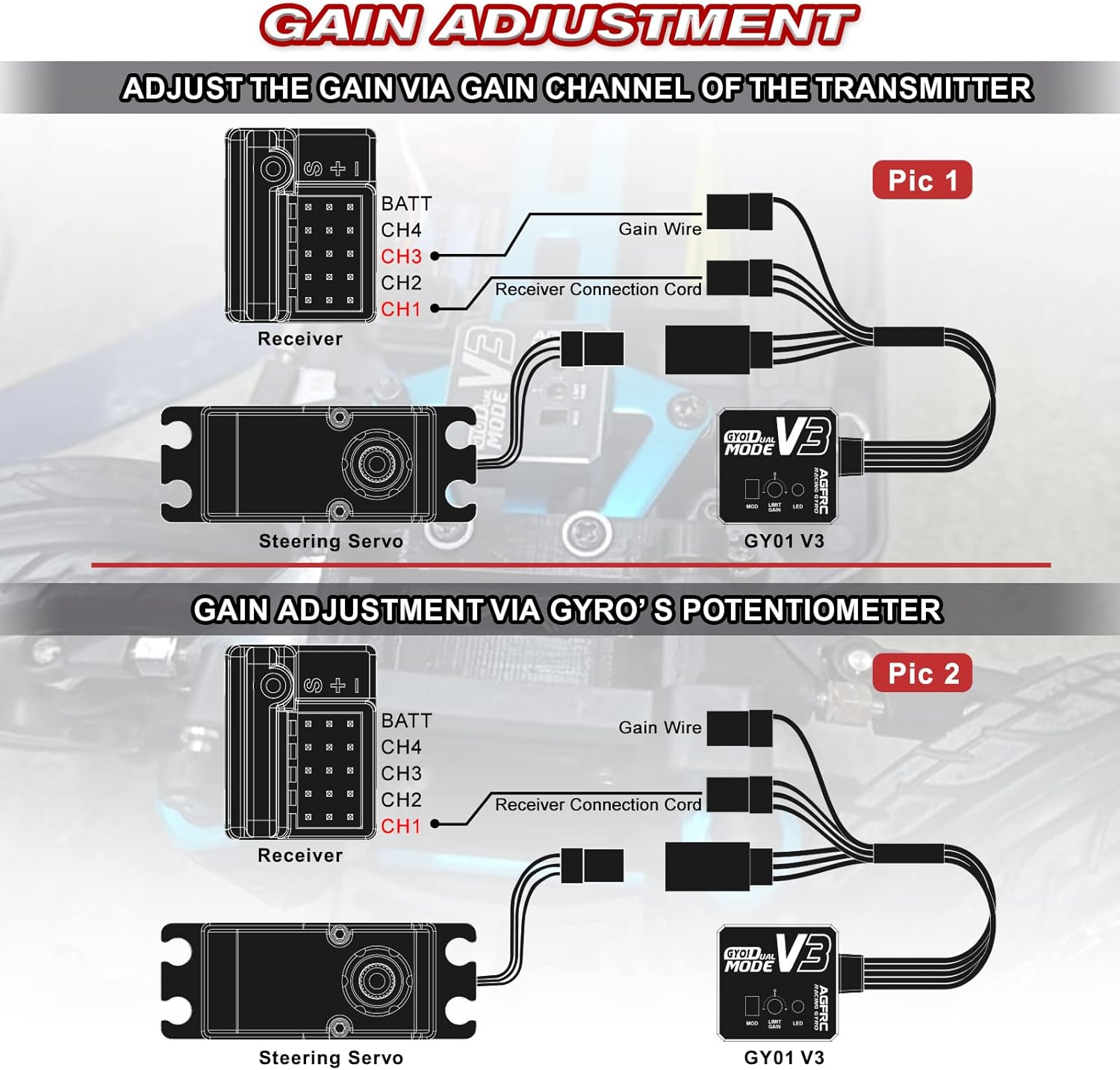 Agfrc Dual-Gain Drift RC Gyro Aluminum Case for RC Car Truck Boat