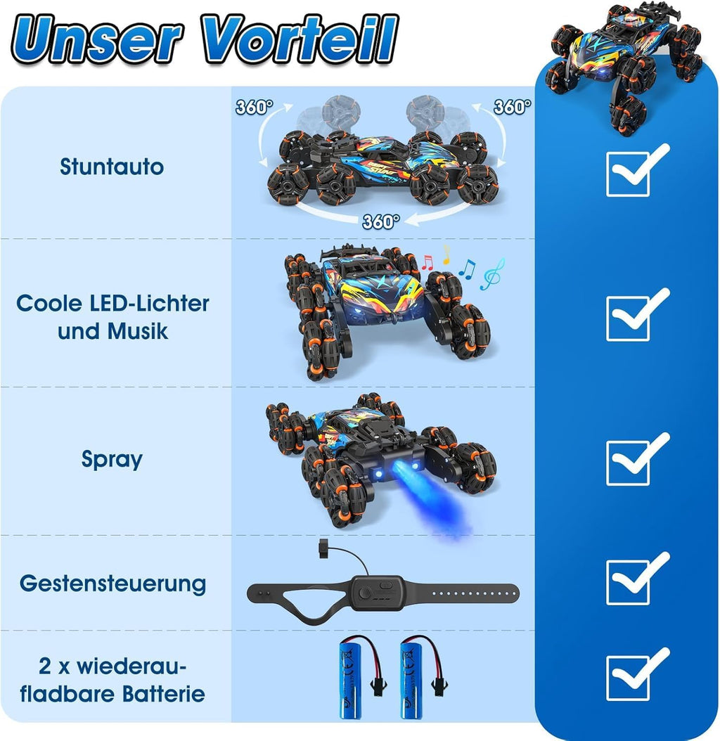 Adusriz 8WD Gesture Sensing Stunt RC Car with LED Light Music Spray