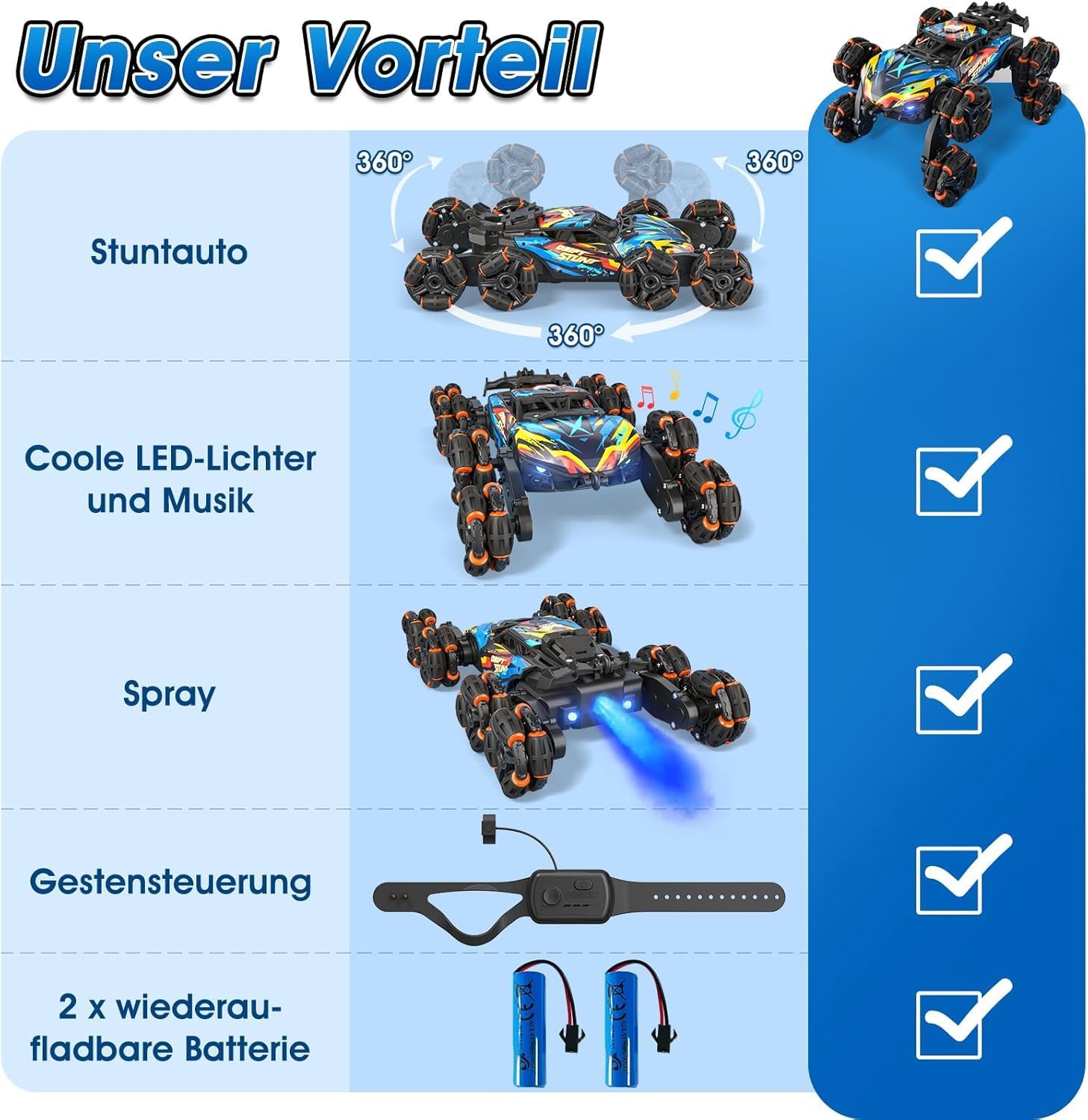 Adusriz 8WD Gesture Sensing Stunt RC Car with LED Light Music Spray