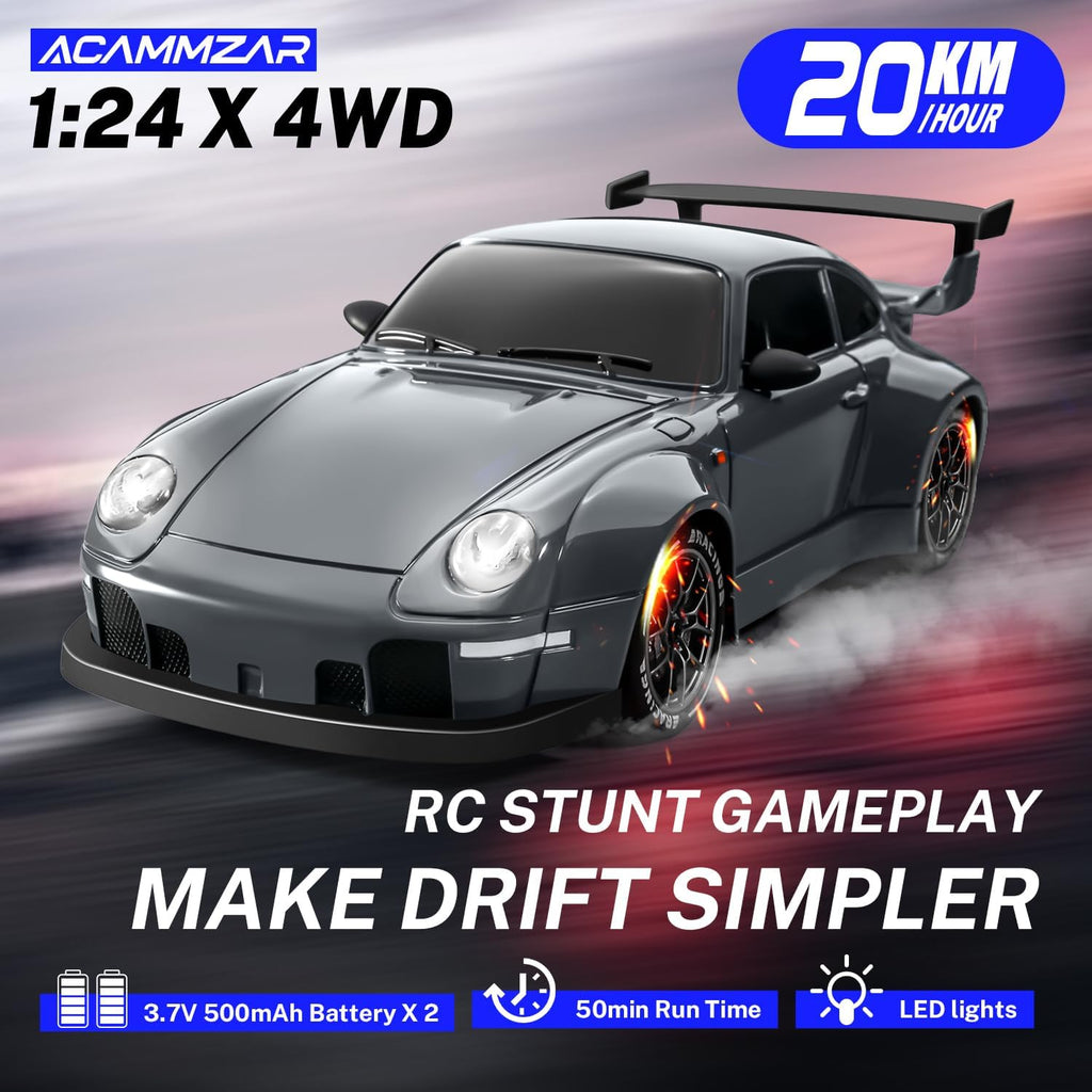Acammzar 1/24 Scale RC Drift Car 20KM/H 4WD with LED Lights
